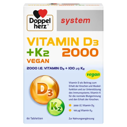 Abbildung der Produktverpackung Doppelherz system VITAMIN D3 2000 + K2 VEGAN Frontansicht
